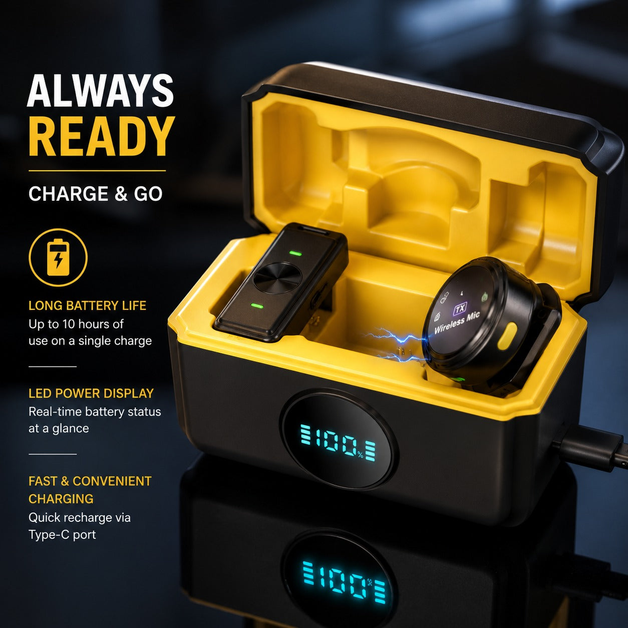 Wireless microphone charging case with LED battery display, Type-C charging support, and portable storage design.