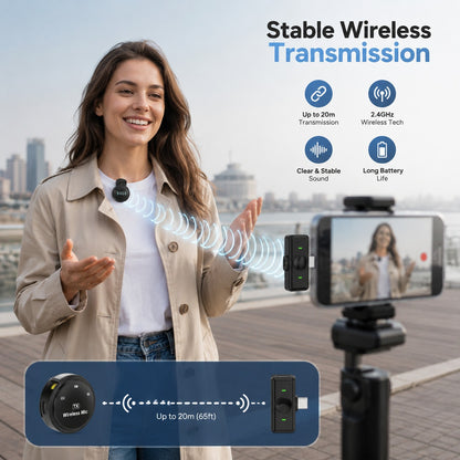 Wireless microphone system with up to 20-meter transmission range, delivering stable audio recording for vlogging and mobile content creation.