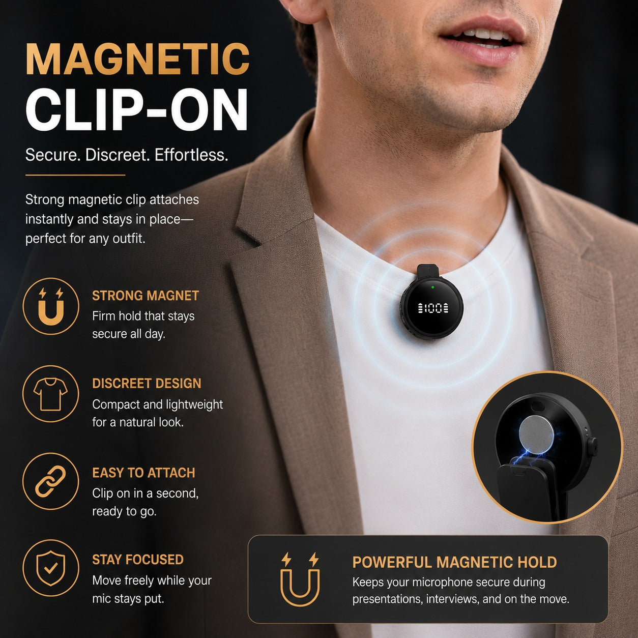 Magnetic wireless lavalier microphone securely attached to clothing, featuring a compact clip-on design and strong magnetic hold for hands-free recording.