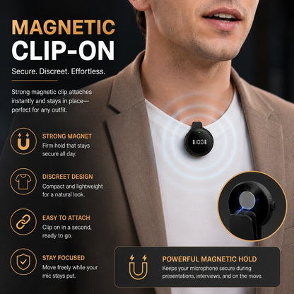 Magnetic wireless lavalier microphone securely attached to clothing, featuring a compact clip-on design and strong magnetic hold for hands-free recording.