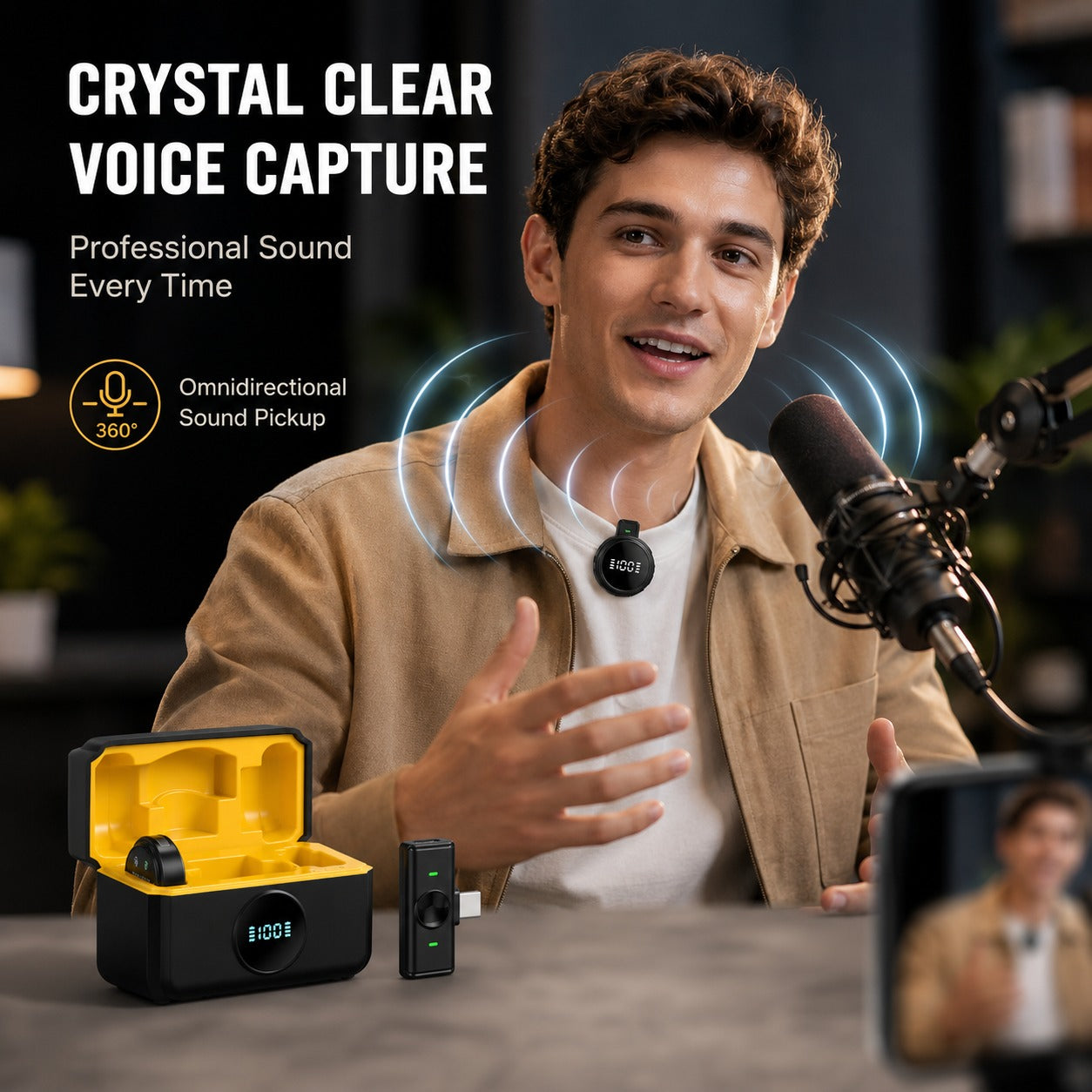 Wireless lavalier microphone capturing clear audio during podcast recording, featuring omnidirectional sound pickup and professional voice clarity.