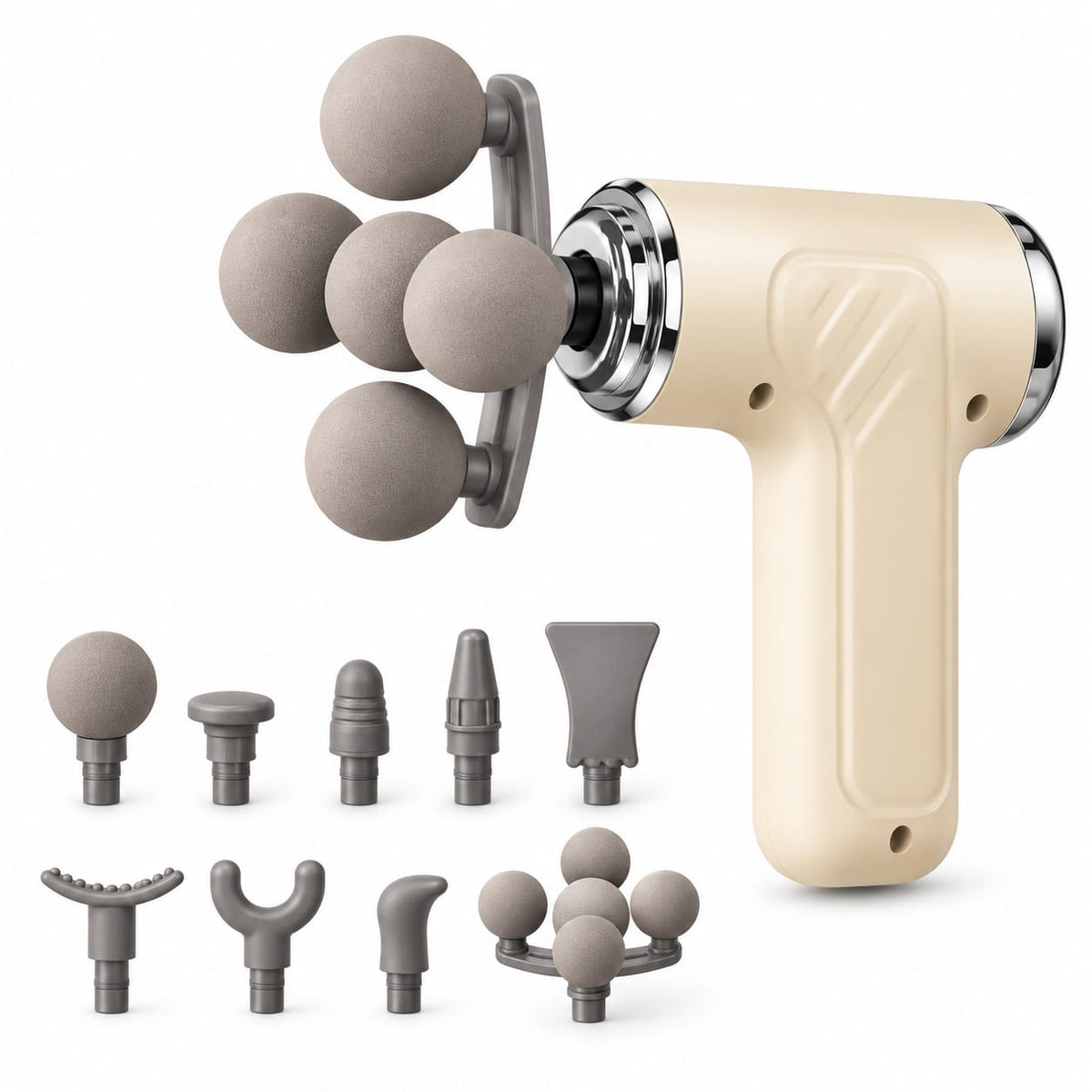 Professional cordless massage gun with five-ball percussion massage head and 5X massage graphic.