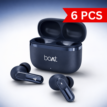 boAt Airdopes 111 Bluetooth true wireless earbuds displayed beside an open charging case, showcasing the compact magnetic charging design, ergonomic earbuds, and premium navy blue finish