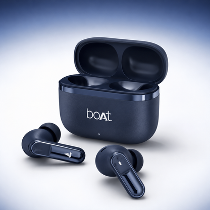 boAt Airdopes 111 Bluetooth true wireless earbuds displayed beside an open charging case, showcasing the compact magnetic charging design, ergonomic earbuds, and premium navy blue finish