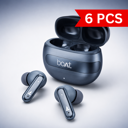 Premium product image of the boAt Airdopes Prime 700 ANC charging case displayed open with both earbuds on a white studio background, featuring a metallic blue finish, compact charging case, LED battery indicator, and modern true wireless earbud design.