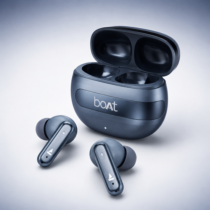 Premium product image of the boAt Airdopes Prime 700 ANC charging case displayed open with both earbuds on a white studio background, featuring a metallic blue finish, compact charging case, LED battery indicator, and modern true wireless earbud design.