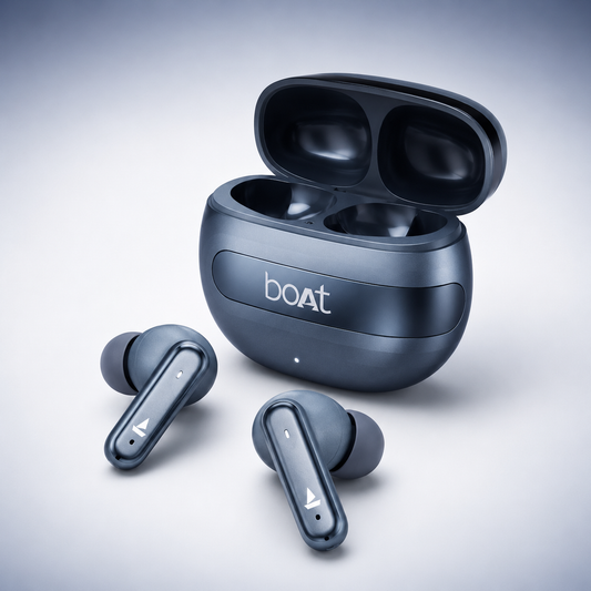 Premium product image of the boAt Airdopes Prime 700 ANC charging case displayed open with both earbuds on a white studio background, featuring a metallic blue finish, compact charging case, LED battery indicator, and modern true wireless earbud design.