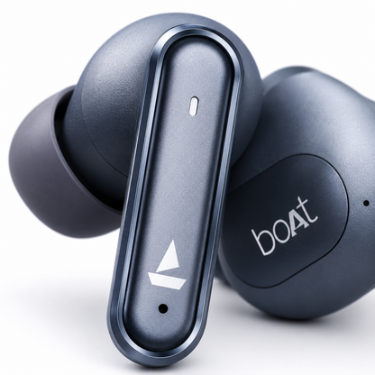 Extreme close-up of the boAt Airdopes Prime 700 ANC wireless earbud highlighting the soft silicone ear tip, precision speaker mesh, matte metallic blue finish, and ergonomic in-ear design