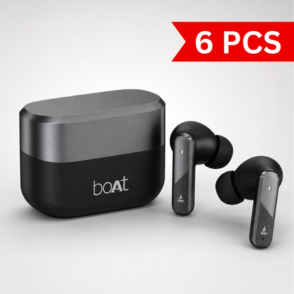 True wireless Bluetooth earbuds with charging case on a clean white background. Noise-cancelling earbuds featuring ergonomic design, long battery life, and compact portable charging case.