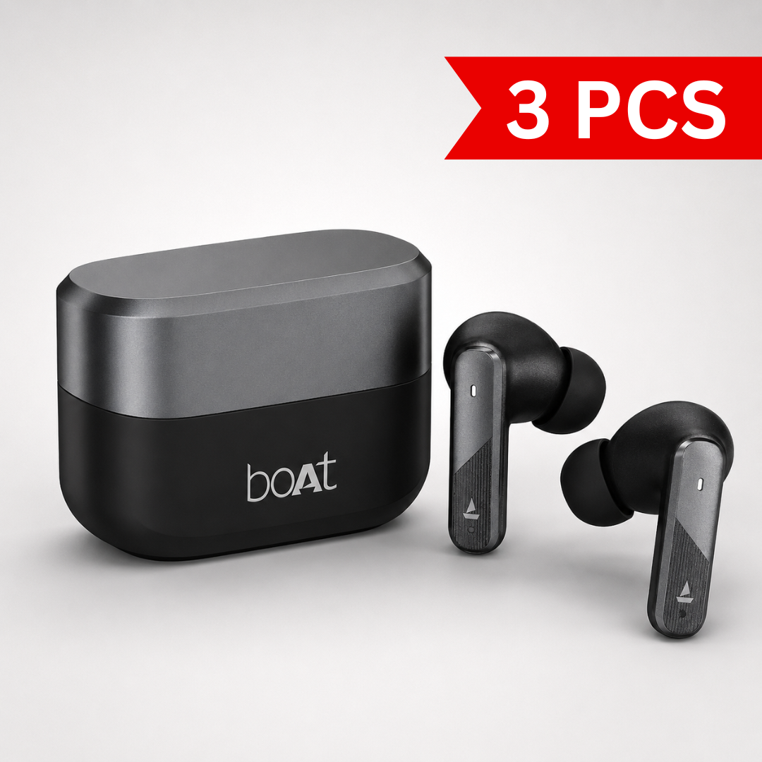 True wireless Bluetooth earbuds with charging case on a clean white background. Noise-cancelling earbuds featuring ergonomic design, long battery life, and compact portable charging case.