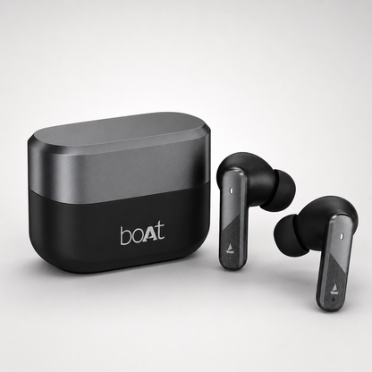 True wireless Bluetooth earbuds with charging case on a clean white background. Noise-cancelling earbuds featuring ergonomic design, long battery life, and compact portable charging case.