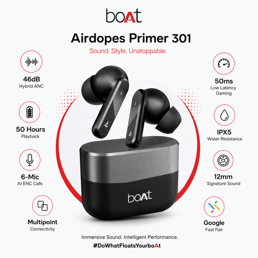 Wireless Bluetooth earbuds with Hybrid ANC, 50-hour playback, 6 AI microphones, multipoint connectivity, 50ms low latency gaming mode, IPX5 water resistance, 12mm drivers, and Google Fast Pair displayed with charging case.