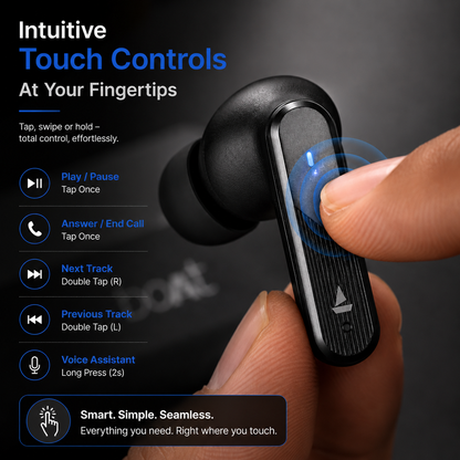 Close-up of a wireless earbud demonstrating touch controls for play and pause, calls, track navigation, and voice assistant access. Bluetooth earbud with intuitive touch-sensitive controls and modern ergonomic design.