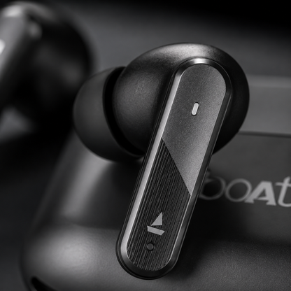 Macro close-up of a true wireless Bluetooth earbud showcasing textured touch control surface, ergonomic in-ear fit, and modern stem-style design for music, calls, and gaming.