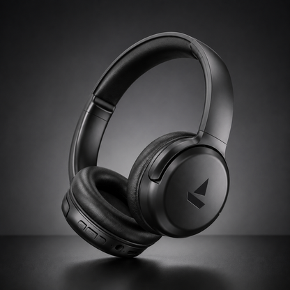 Black wireless over-ear Bluetooth headphones with cushioned earcups and matte finish on dark premium studio background