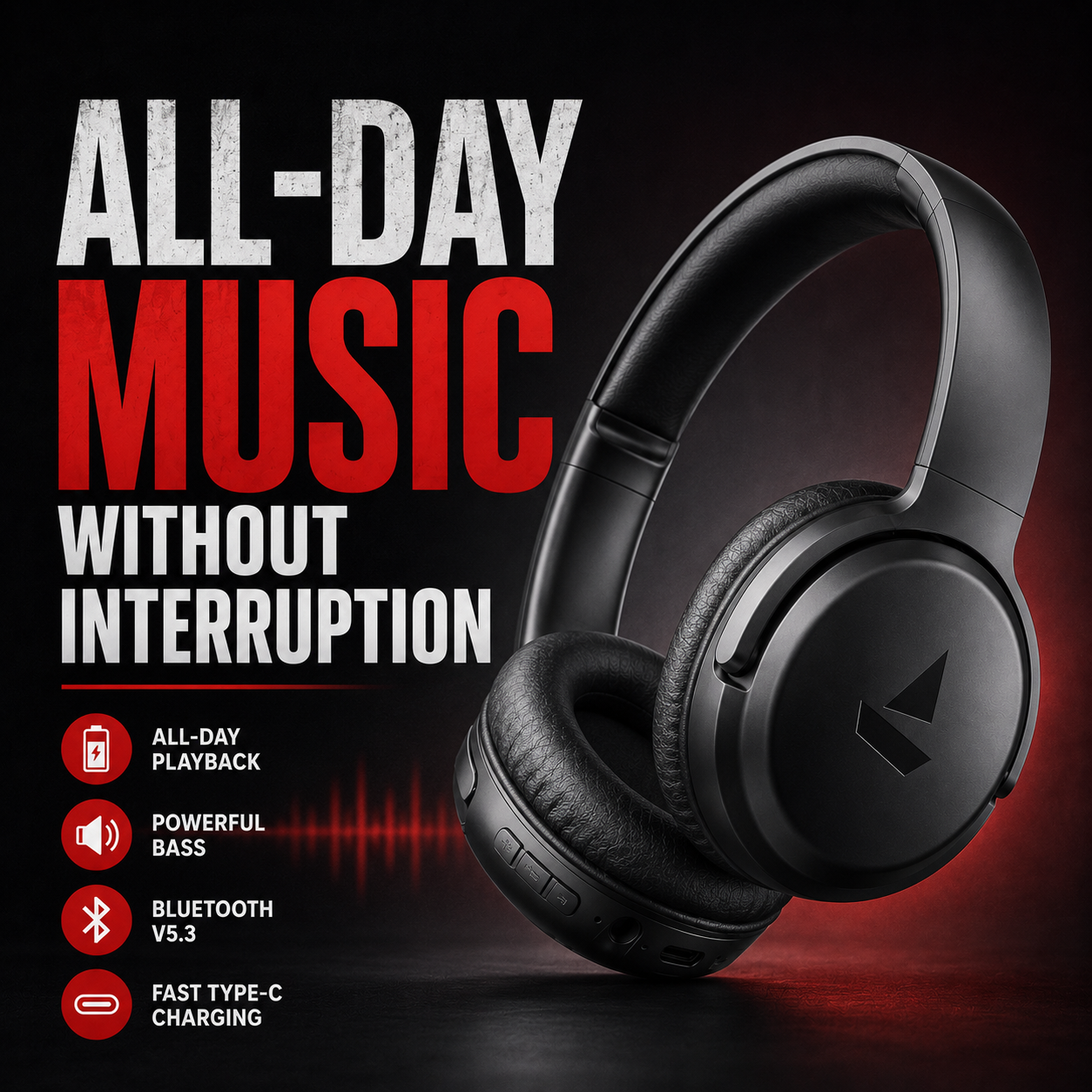Premium wireless Bluetooth headphones poster with all-day music feature and deep bass audio design