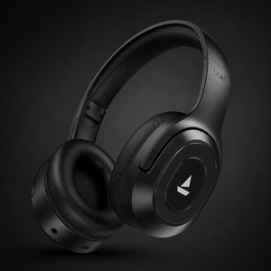 boAt Rockerz 413 wireless Bluetooth headphones with extra bass, over-ear design, 40mm drivers, and black matte finish, highlighting sound quality and comfort.