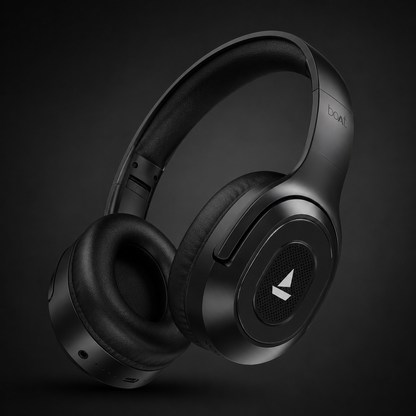 boAt Rockerz 413 wireless Bluetooth headphones with extra bass, over-ear design, 40mm drivers, and black matte finish, highlighting sound quality and comfort.