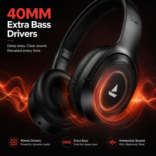 boAt Rockerz 413 Bluetooth headphones with 40mm extra bass drivers, glowing sound wave visualization, and immersive sound for deep bass and clear audio.