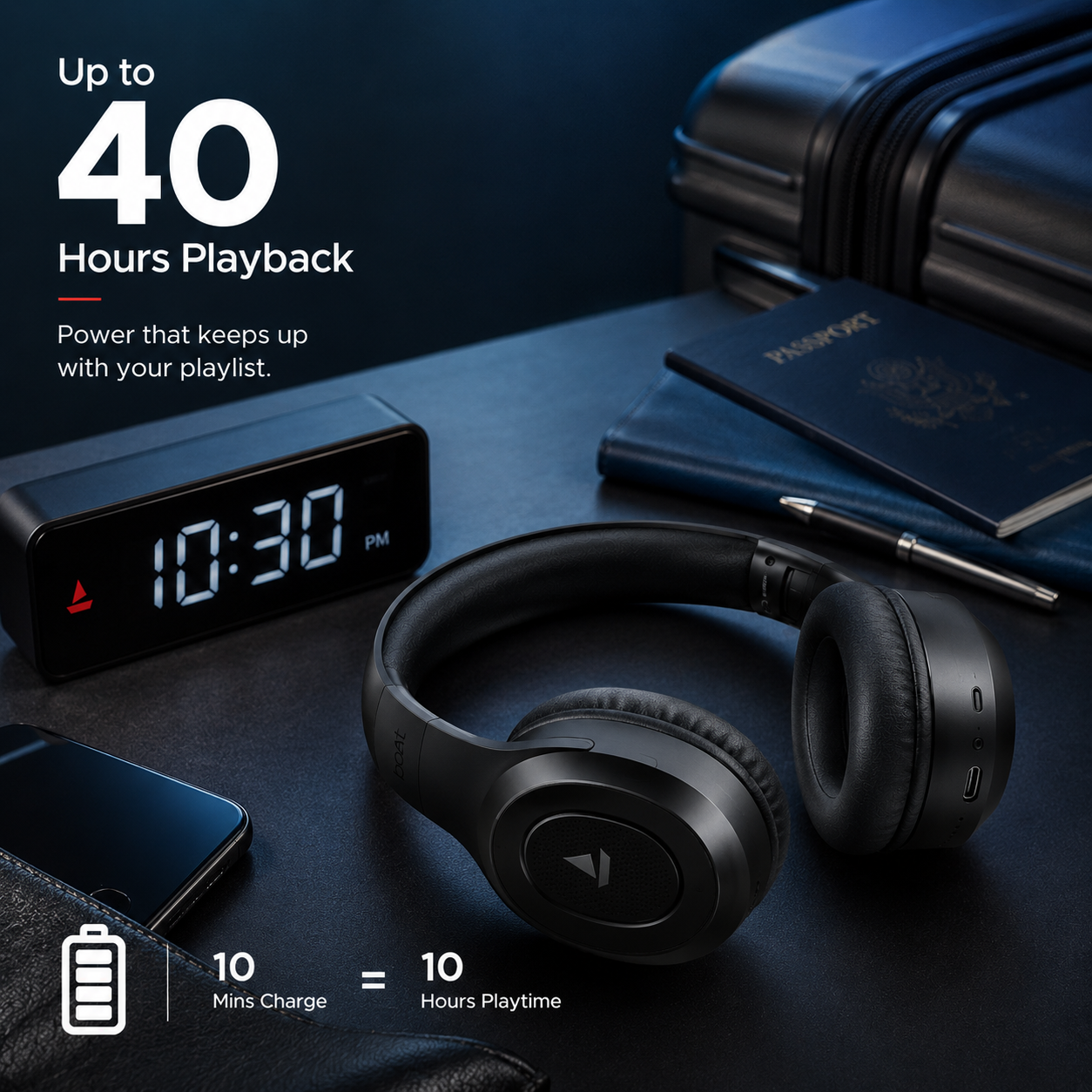 boAt Rockerz 413 wireless Bluetooth headphones with up to 40 hours playback, Type-C charging, 10 minutes charge equals 10 hours playtime, set on a desk with clock and travel essentials.