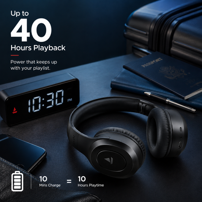 boAt Rockerz 413 wireless Bluetooth headphones with up to 40 hours playback, Type-C charging, 10 minutes charge equals 10 hours playtime, set on a desk with clock and travel essentials.