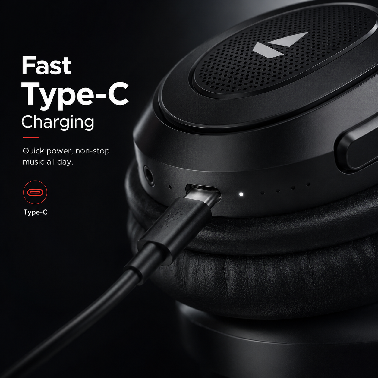 boAt Rockerz 413 wireless Bluetooth headphones with Type-C fast charging port, highlighting quick power and non-stop music with sleek, premium design.