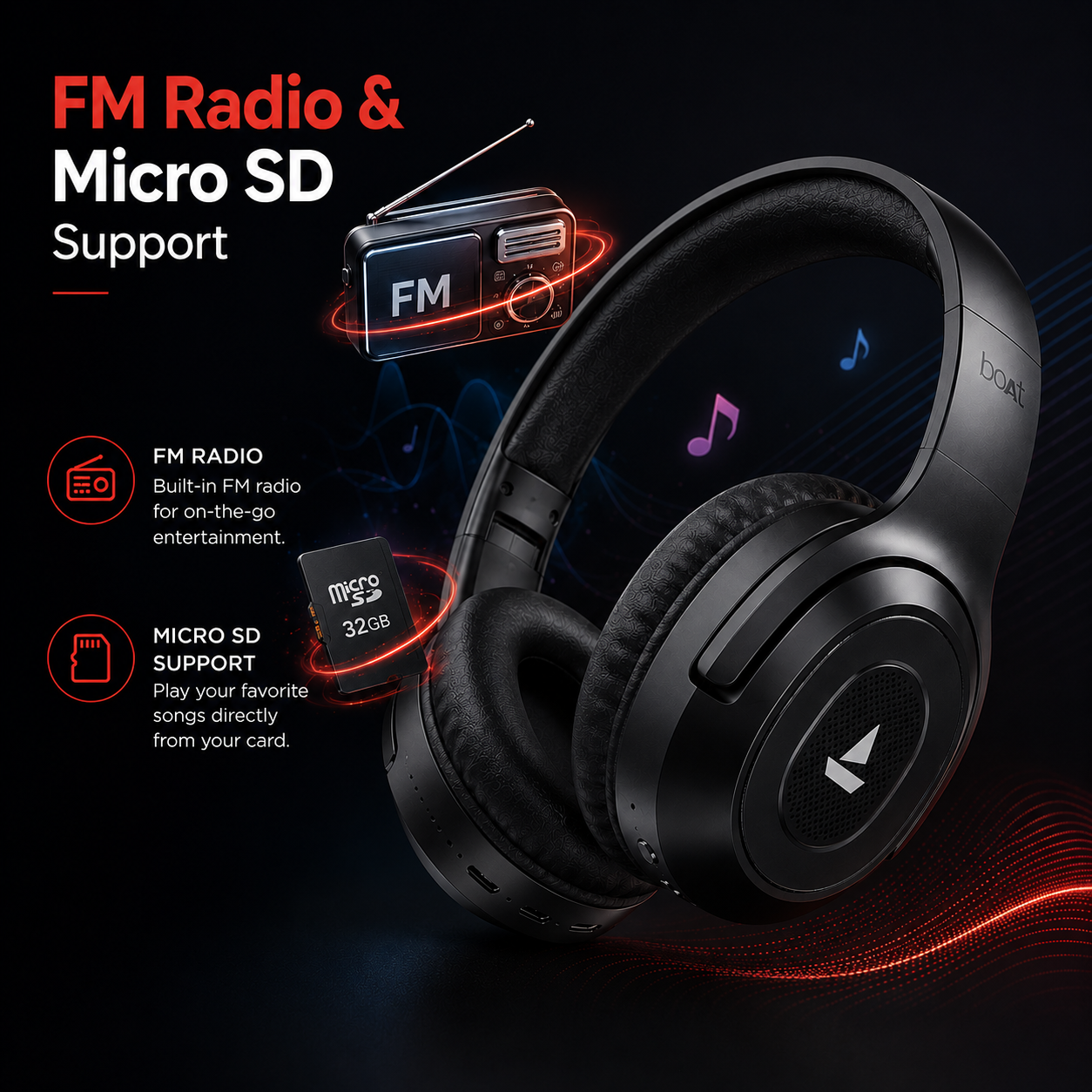 boAt Rockerz 413 wireless Bluetooth headphones with built-in FM radio, Micro SD support, and extra bass, offering versatile music playback options for all listeners.