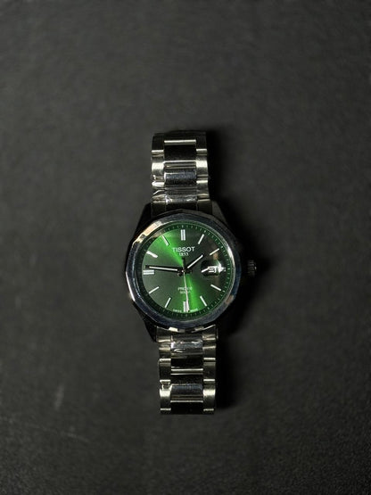 Green dial replica watch with stainless steel bracelet, luxury analog display, men's premium fashion wristwatch on dark textured background