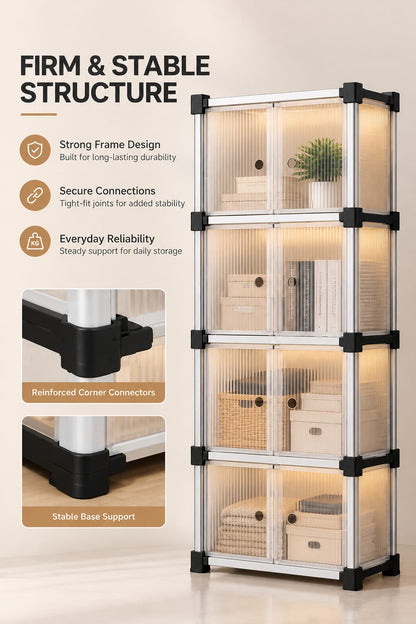Four-tier modular storage rack with translucent ribbed doors, a sturdy silver frame, and reinforced black connectors in a modern home interior.