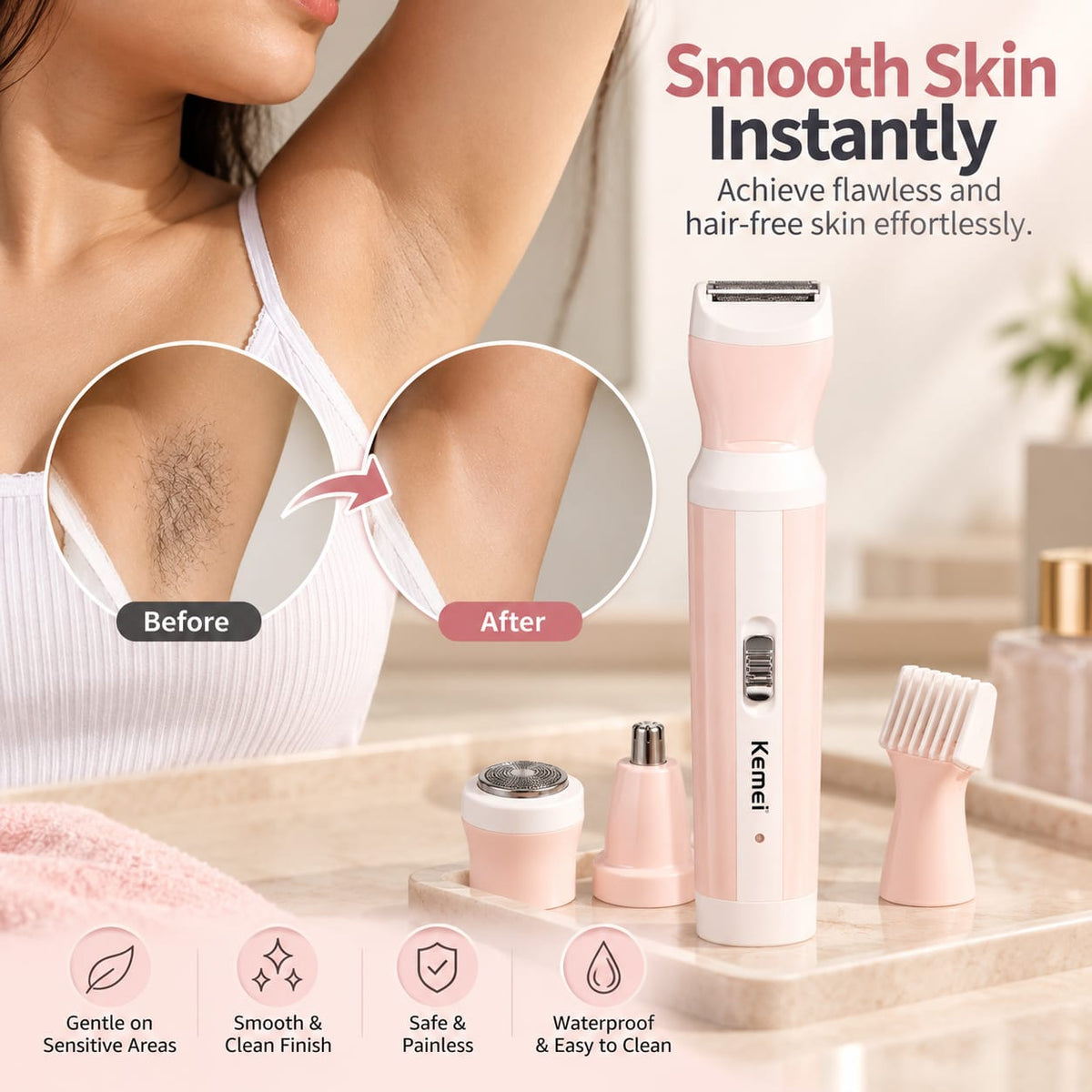 Kemei 4-in-1 rechargeable women’s trimmer with bikini nose ear facial and eyebrow attachments