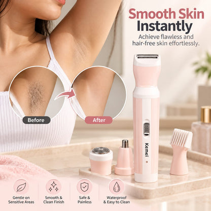 Kemei 4-in-1 rechargeable women’s trimmer with bikini nose ear facial and eyebrow attachments