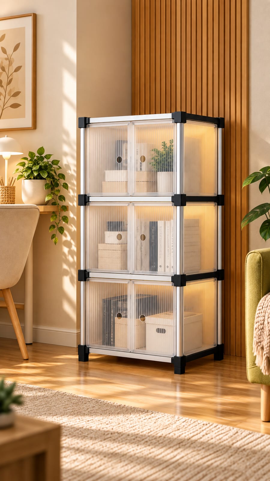 Four-tier modular storage rack with translucent ribbed doors, a sturdy silver frame, and reinforced black connectors in a modern home interior.