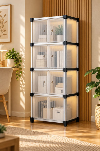 Four-tier modular storage rack with translucent ribbed doors, a sturdy silver frame, and reinforced black connectors in a modern home interior.