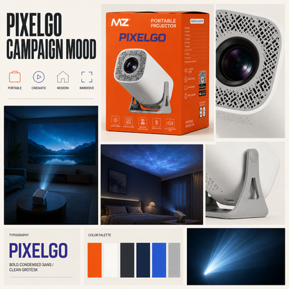 MZ PixelGo portable projector mood board featuring product packaging, lens details, rotating stand and home cinema projection scenes.