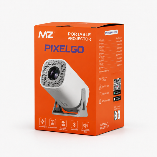 ortable mini projector retail box with product image and feature details