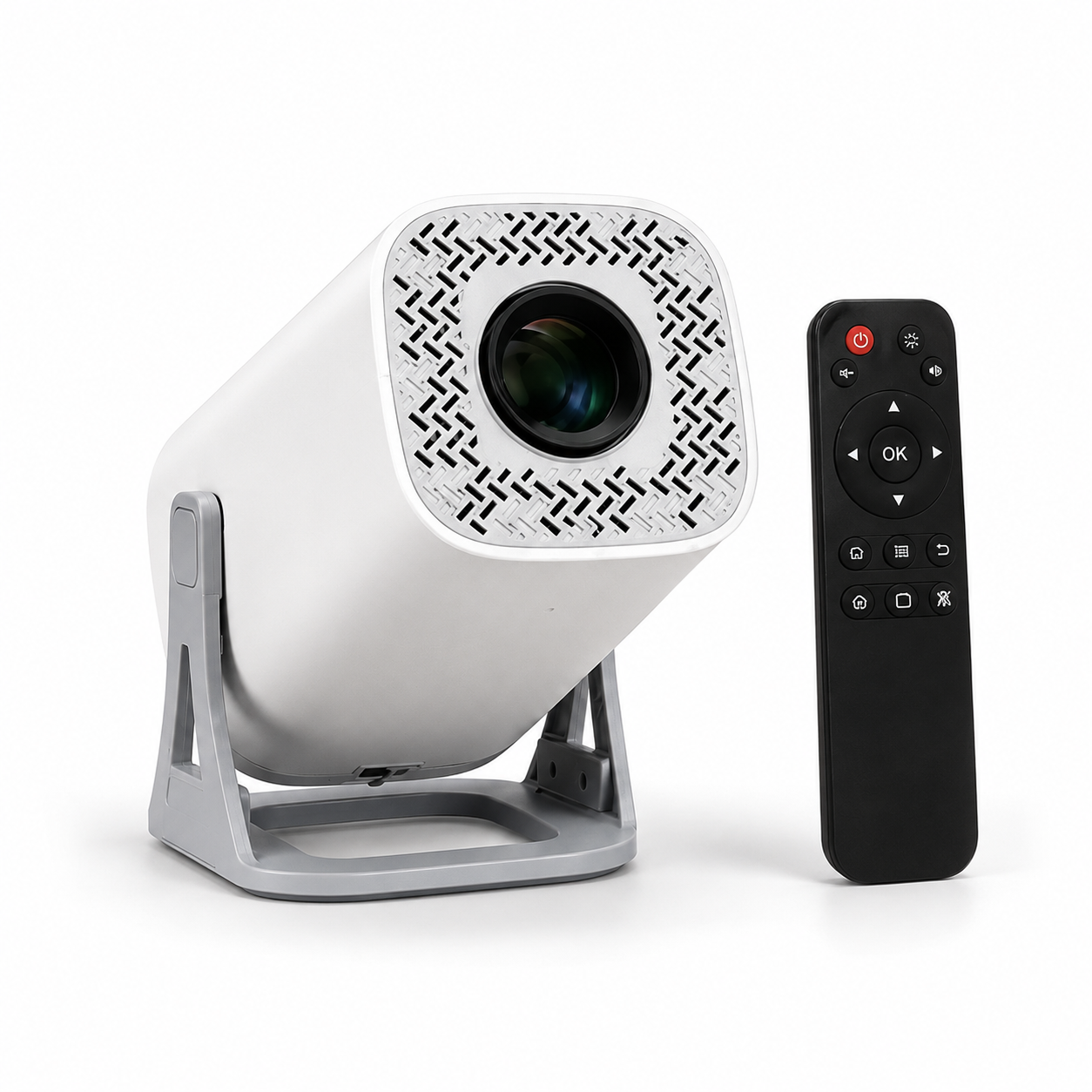 White 180-degree rotatable portable mini projector with black remote control