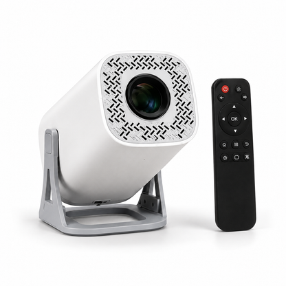 White 180-degree rotatable portable mini projector with black remote control