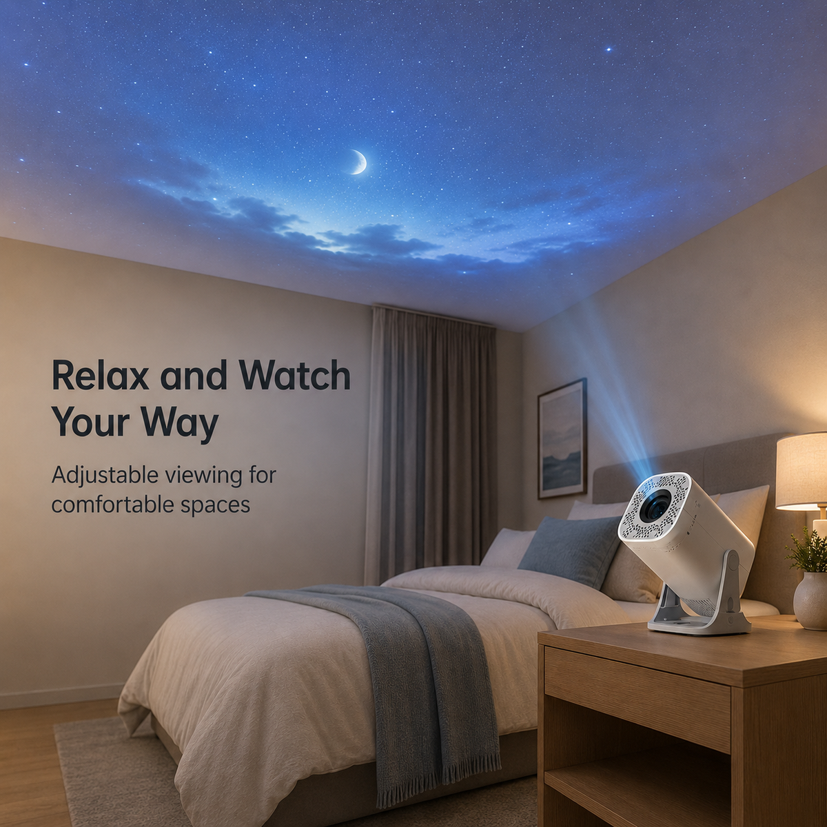 Portable mini projector displaying a night-sky scene on a bedroom ceiling