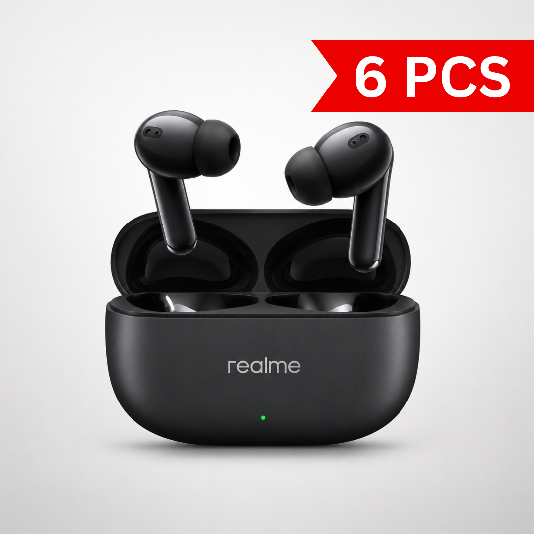 realme Buds T310 true wireless earbuds displayed above an open charging case, featuring an in-ear design, silicone ear tips, built-in microphones, and a compact matte black charging case