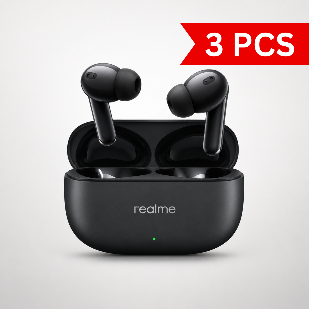 realme Buds T310 true wireless earbuds displayed above an open charging case, featuring an in-ear design, silicone ear tips, built-in microphones, and a compact matte black charging case