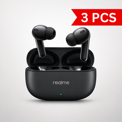 realme Buds T310 true wireless earbuds displayed above an open charging case, featuring an in-ear design, silicone ear tips, built-in microphones, and a compact matte black charging case