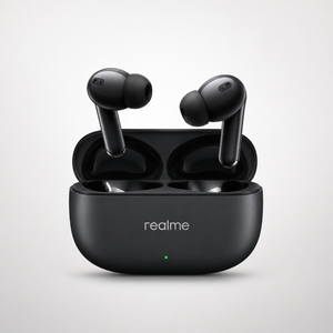 realme Buds T310 true wireless earbuds displayed above an open charging case, featuring an in-ear design, silicone ear tips, built-in microphones, and a compact matte black charging case