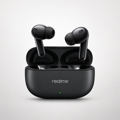 realme Buds T310 true wireless earbuds displayed above an open charging case, featuring an in-ear design, silicone ear tips, built-in microphones, and a compact matte black charging case